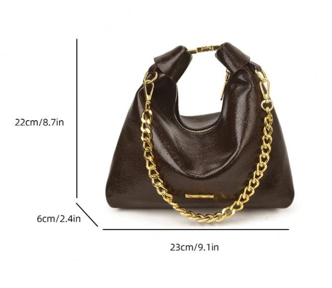 Brown Hobo Bag, Women's Shoulder Purse, Glossy Slouchy Handbag, Gold Chain Bag, Crescent Everyday Shoulder Bag