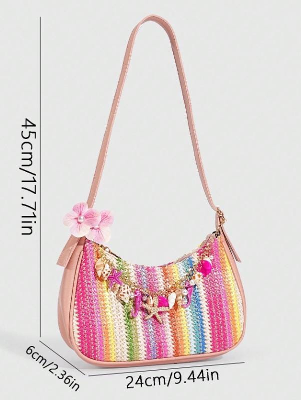 Rainbow Shoulder Bag, Colorful Woven Purse for Women, Seashell Summer Handbag, Boho Beach Bag