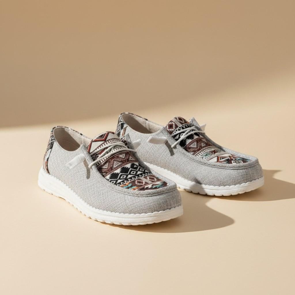 Aztec Print Moccasin Shoes for Women, Gray Geometric Lace Up Casual Flats