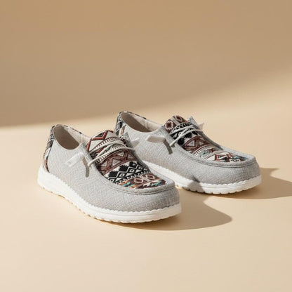 Aztec Print Moccasin Shoes for Women, Gray Geometric Lace Up Casual Flats