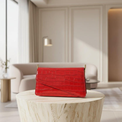 Red Croc Print Top Handle Bag, Structured Handbag for Women, Small Red Purse, Statement Evening Bag