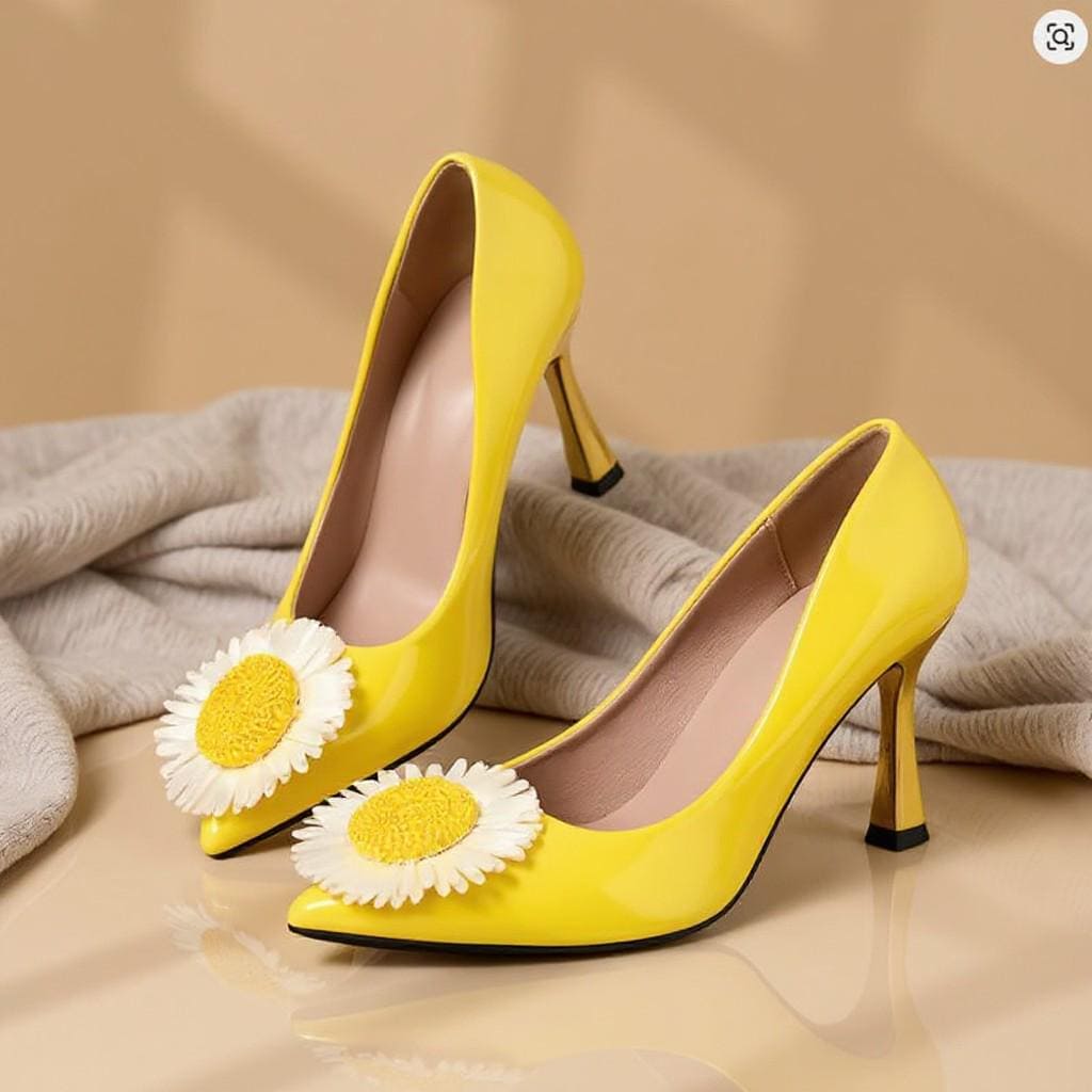 Yellow Daisy Heels, Floral High Heel Pumps, White Flower Stiletto Shoes, Pointed Toe Women's Statement Shoes