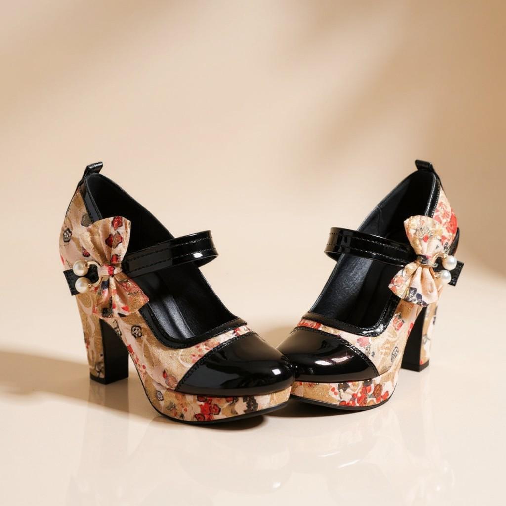 Floral Mary Jane Heels, Bow Platform Pumps, Black Patent Toe Shoes