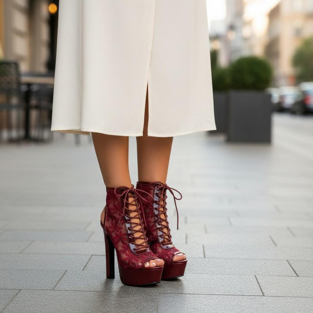 Burgundy Floral Lace Peep Toe Booties, Lace Up Platform Heels, Wine Red Stiletto Ankle Shoes