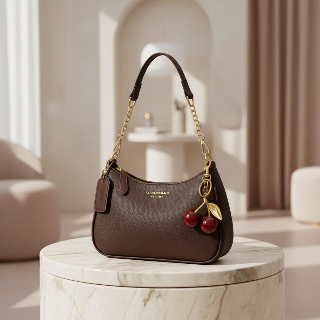 Brown Cherry Shoulder Bag, Chocolate Baguette Purse, Cherry Charm Handbag, Gold Chain Bag, Y2K Brown Purse, Cute Vintage Bag