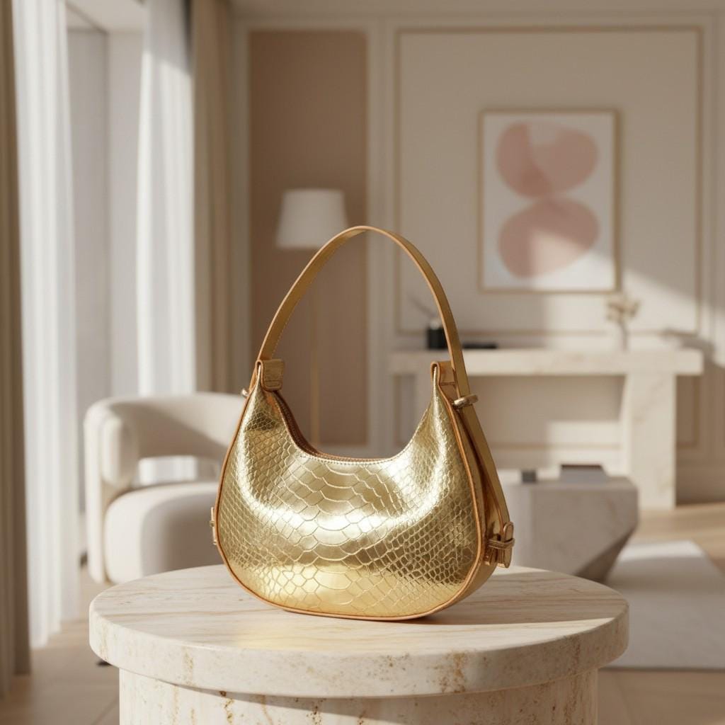 Metallic Gold Shoulder Bag, Reptile Texture Hobo Purse, Shiny Gold Handbag, Statement Evening Bag, Y2K Bag