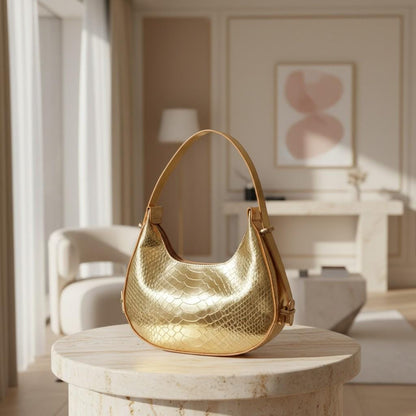 Metallic Gold Shoulder Bag, Reptile Texture Hobo Purse, Shiny Gold Handbag, Statement Evening Bag, Y2K Bag