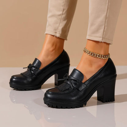 Black Chunky Loafers, Tassel Heeled Loafers, Platform Block Heel Dress Shoes