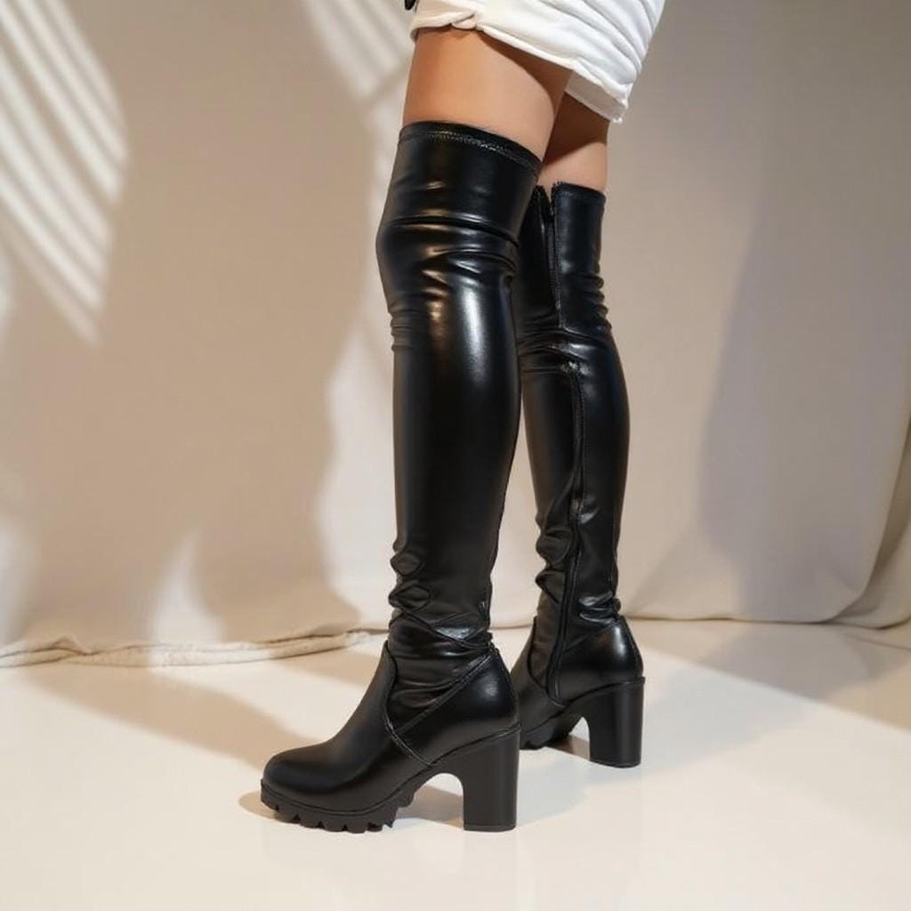 Black Thigh High Boots, Ruched Over The Knee Boots, Chunky Block Heel Tall Boots, Women's Fashion Boots