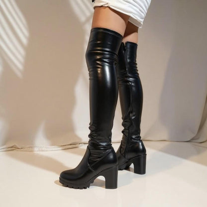 Black Thigh High Boots, Ruched Over The Knee Boots, Chunky Block Heel Tall Boots, Women's Fashion Boots
