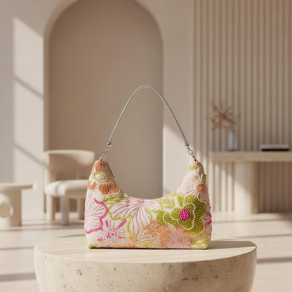 Embroidered Floral Shoulder Bag, Beaded Baguette Purse, Pastel Handbag, Colorful Summer Bag
