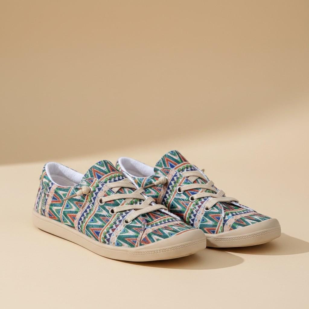 Geometric Sneakers for Women, Colorful Tribal Print Shoes, Boho Lace Up Casual Sneakers, Aztec Inspired Footwear
