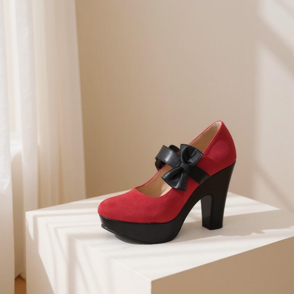 Red Mary Jane Heels, Platform Bow Pumps, Chunky High Heel Shoes
