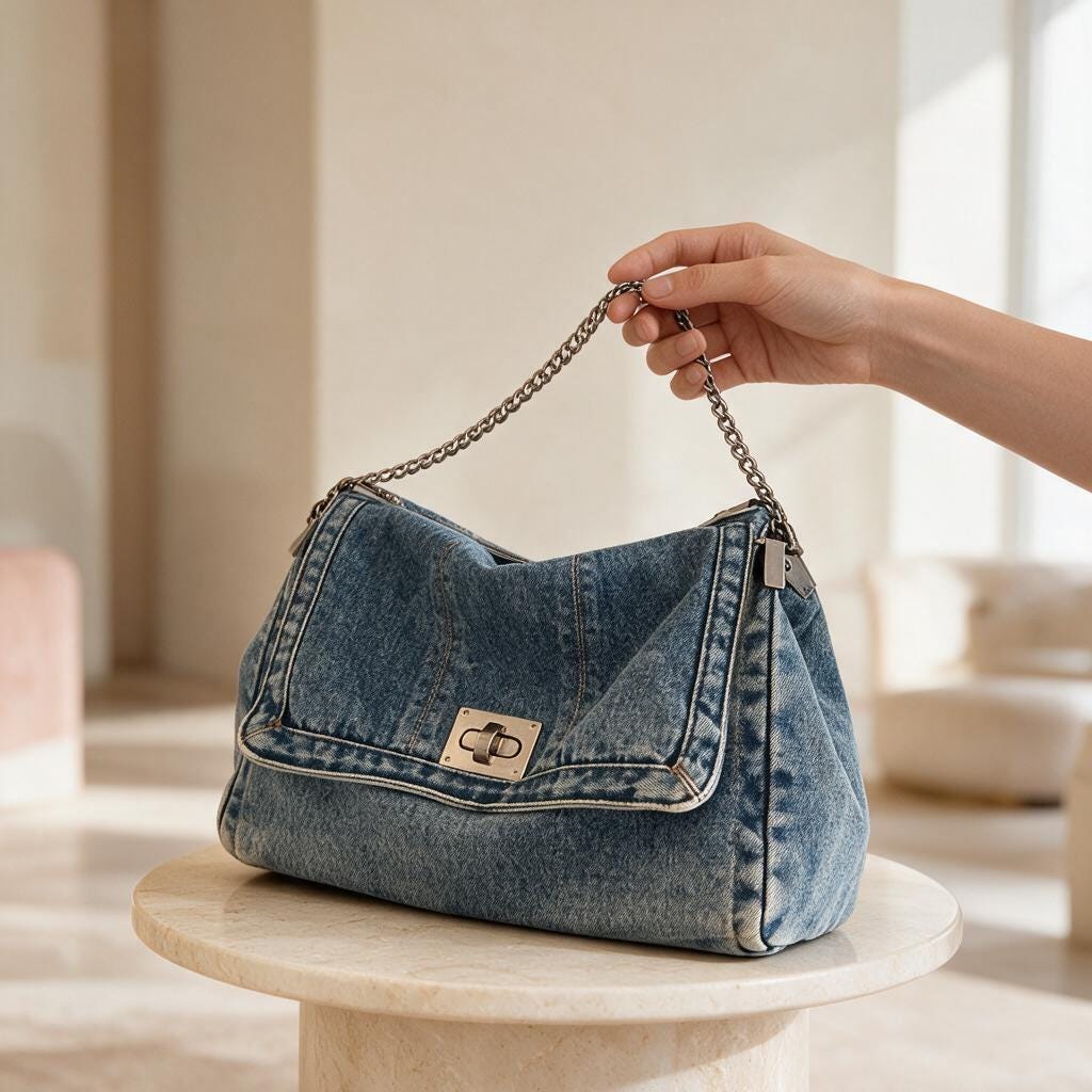 Denim Shoulder Bag, Blue Jean Purse, Y2K Baguette Handbag, Chain Strap Crossbody Bag