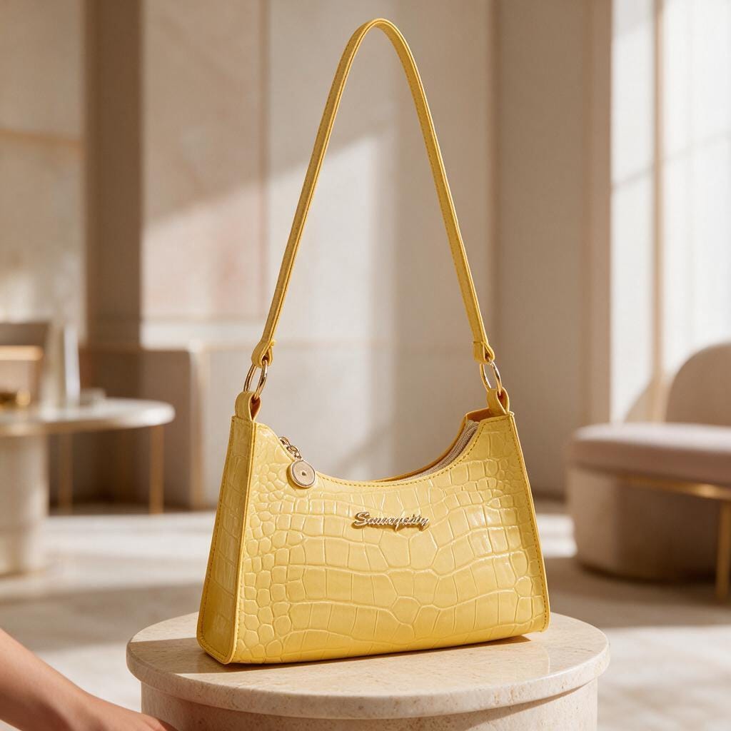 Yellow Croc Embossed Shoulder Bag, Y2K Baguette Purse, Glossy Yellow Handbag, Mini Underarm Bag, Crocodile Effect Purse