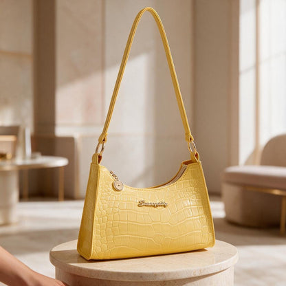 Yellow Croc Embossed Shoulder Bag, Y2K Baguette Purse, Glossy Yellow Handbag, Mini Underarm Bag, Crocodile Effect Purse