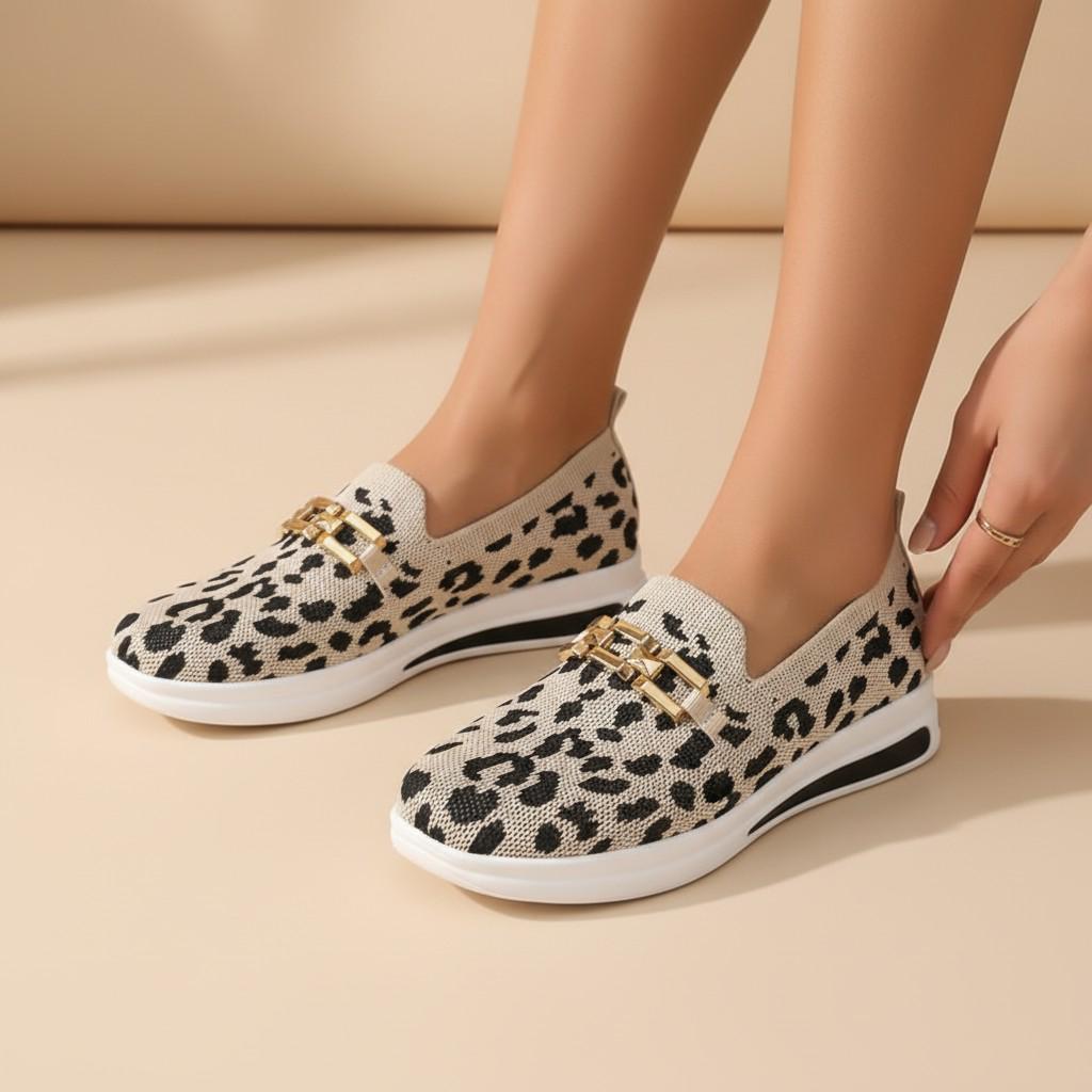 Leopard Print Loafers for Women, Chain Detail Slip On Shoes, Animal Print Casual Flats
