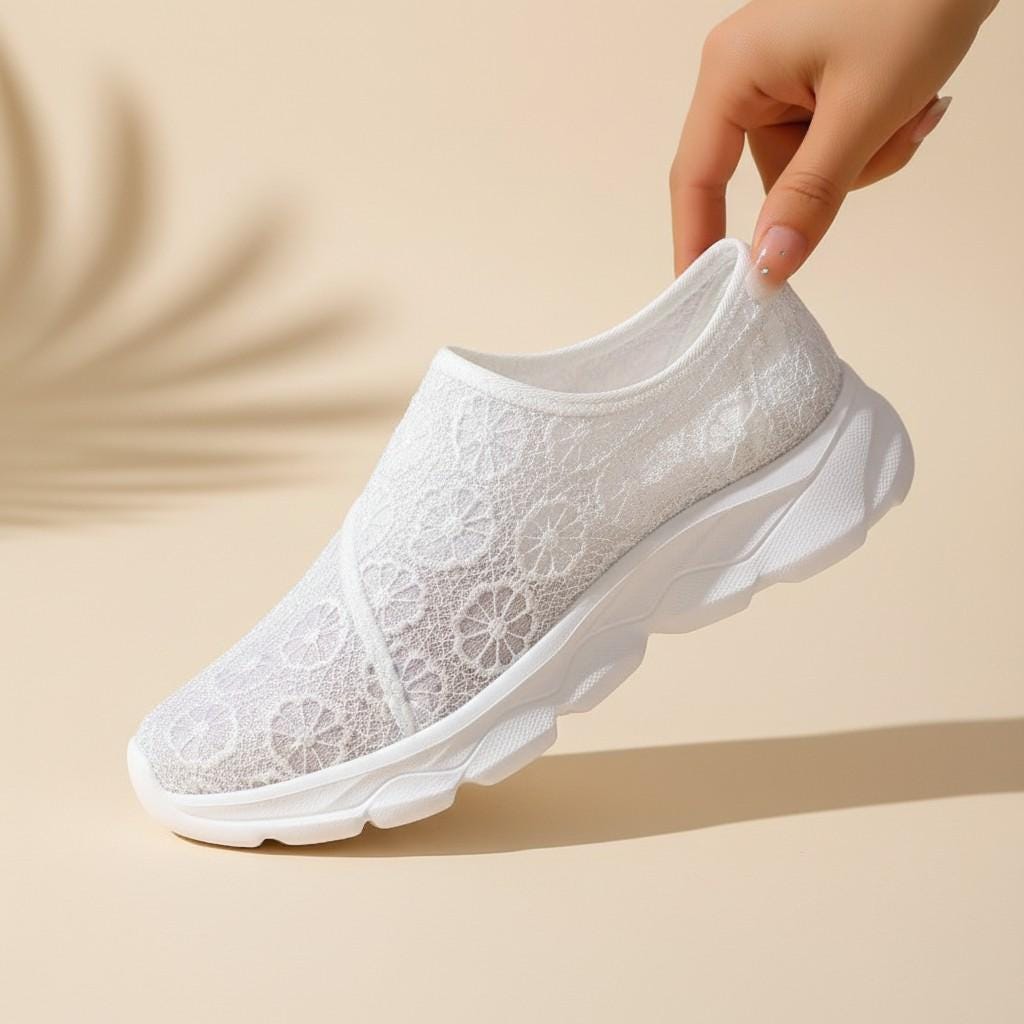 White Floral Mary Jane Sneakers, Mesh Slip On Shoes, Women's Casual Summer Shoes