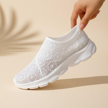 White Floral Mary Jane Sneakers, Mesh Slip On Shoes, Women's Casual Summer Shoes