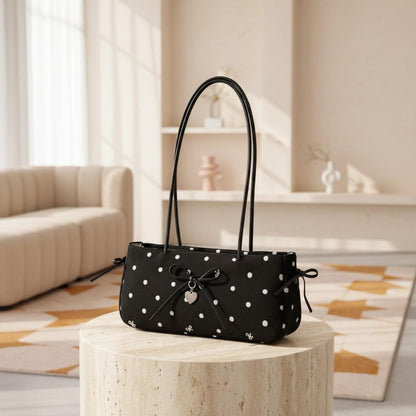 Black Polka Dot Shoulder Bag, Bow Detail Purse, Cute Heart Charm Handbag, Y2K Underarm Bag, White Dot Women's Bag