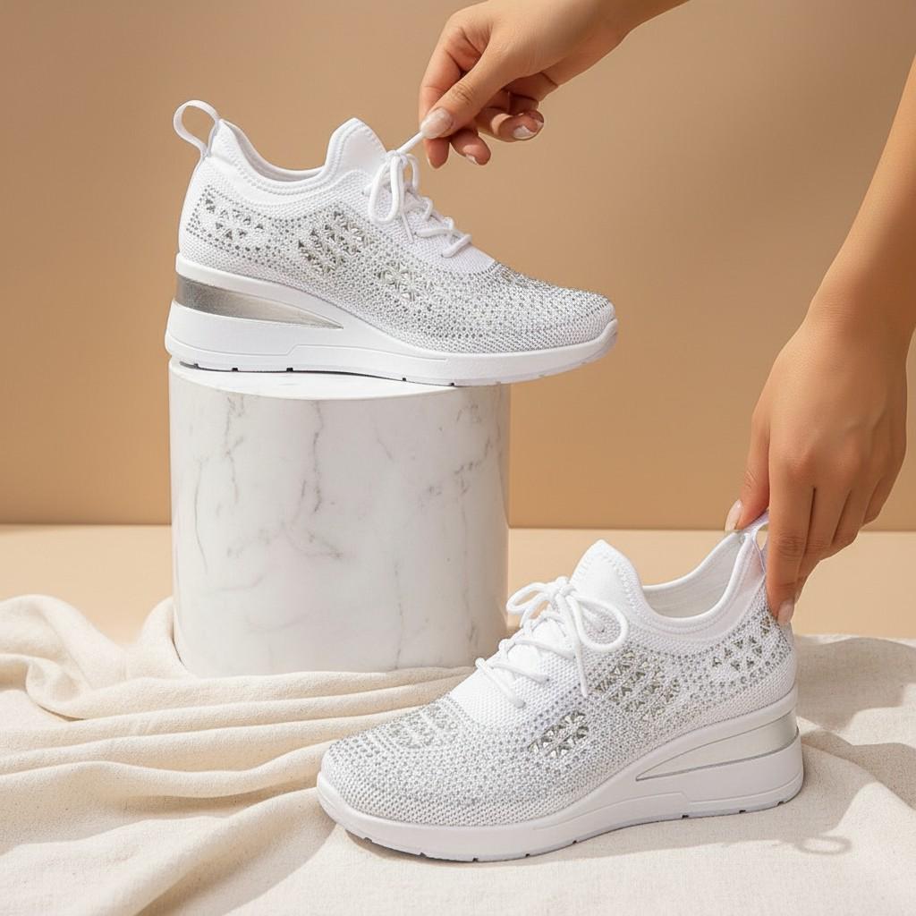 White Wedge Sneakers for Women, Embellished Platform Shoes, Knit Fashion Sneakers