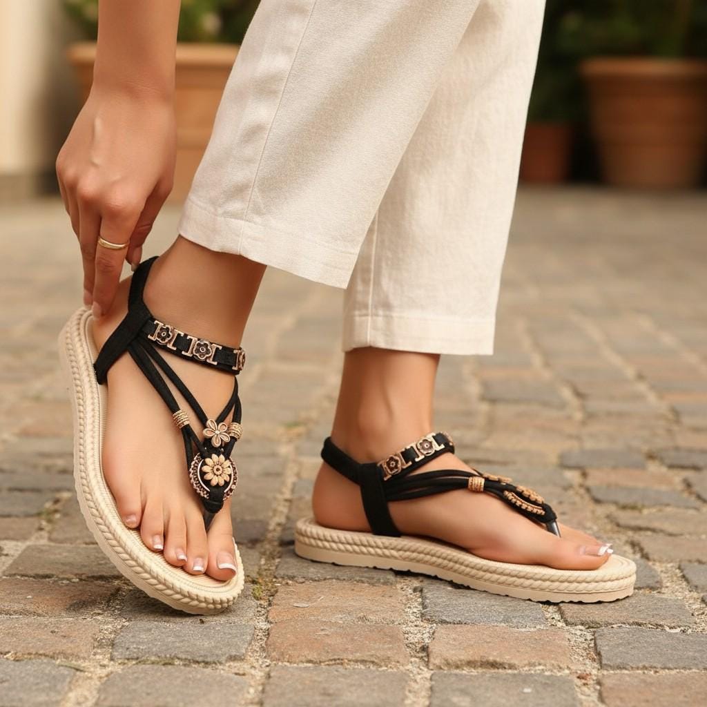 Black Flat Sandals for Women, Embellished T Strap Sandals, Boho Summer Shoes.
