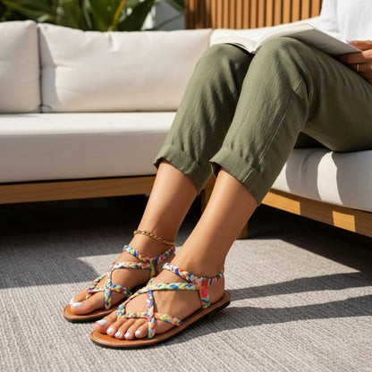Multicolor Braided Sandals for Women, Colorful Strappy Flat Sandals, Boho Summer Shoes