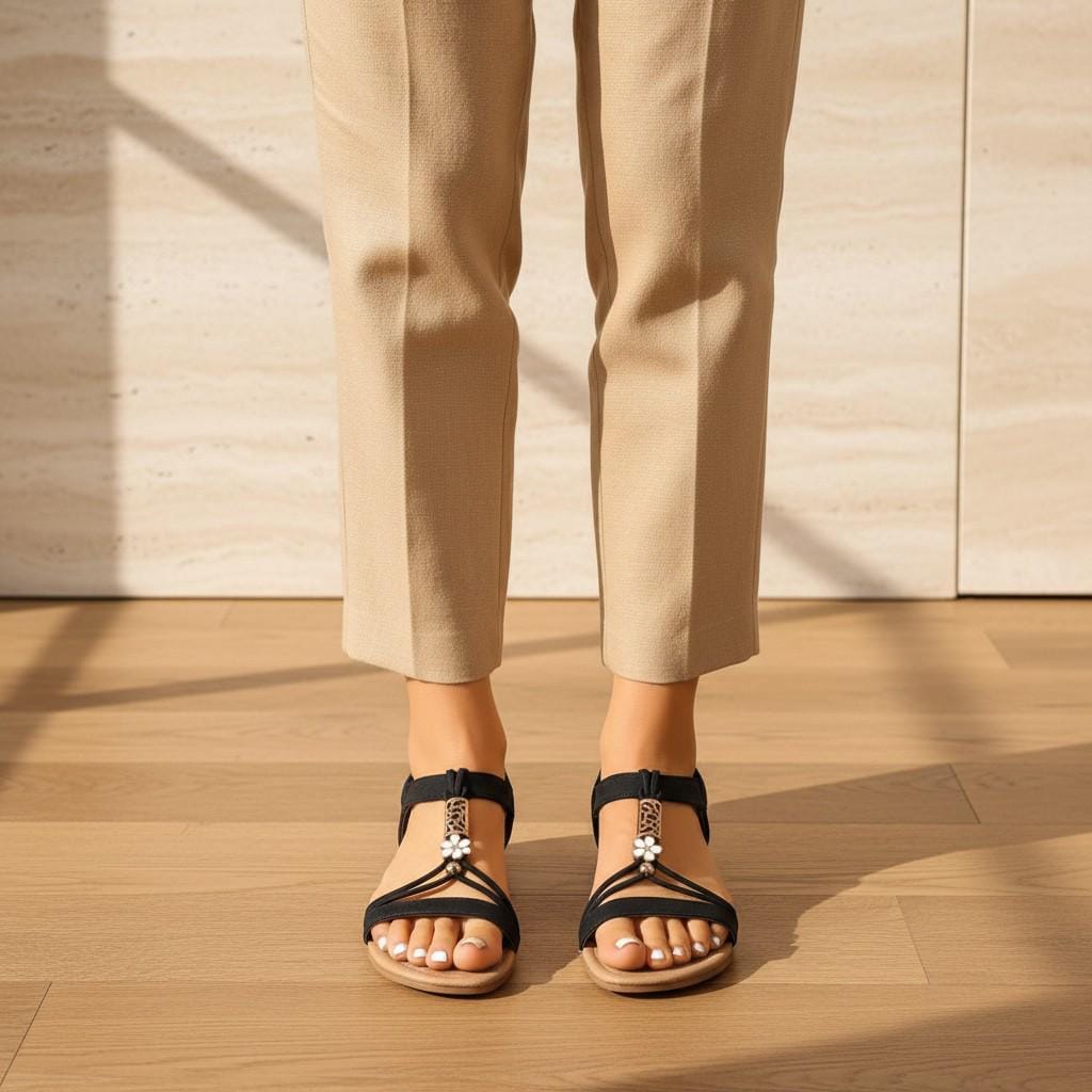 Black T Strap Sandals for Women, Jeweled Flat Sandals, Minimalist Summer Vacation Shoes