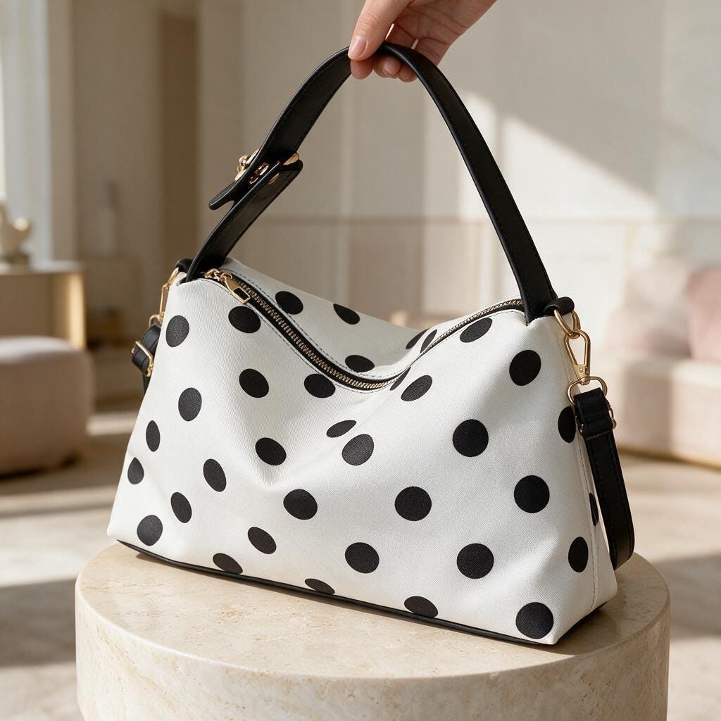 Black White Polka Dot Handbag, Polka Dot Shoulder Bag, Cute Top Handle Purse, Retro Womens Handbag, Everyday Purse