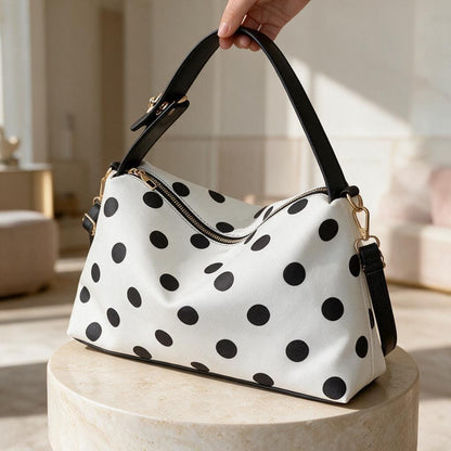 Black White Polka Dot Handbag, Polka Dot Shoulder Bag, Cute Top Handle Purse, Retro Womens Handbag, Everyday Purse