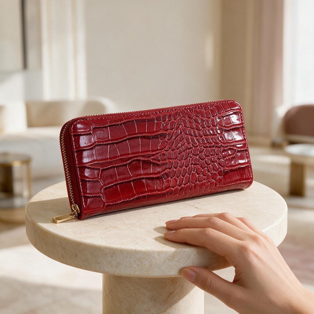 Red Croc Embossed Wallet, Zip Around Womens Wallet, Glossy Statement Purse