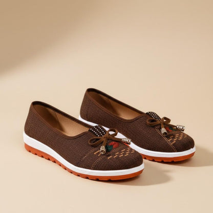 Brown Embroidered Flats for Women, Bow Slip On Shoes, Casual Woven Loafers