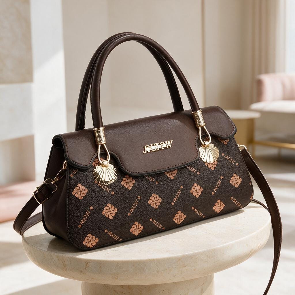 Brown Patterned Handbag, Structured Top Handle Purse, Monogram Style Shoulder Bag, Brown Crossbody Satchel, Women's Bag
