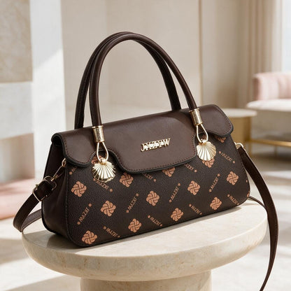 Brown Patterned Handbag, Structured Top Handle Purse, Monogram Style Shoulder Bag, Brown Crossbody Satchel, Women's Bag