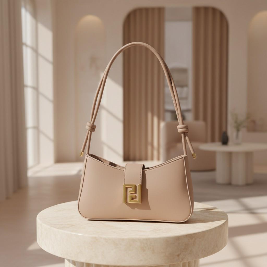 Taupe Baguette Shoulder Bag, Beige Handbag, Gold Clasp Purse, Y2K Underarm Bag, Minimalist Everyday Bag