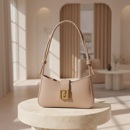 Taupe Baguette Shoulder Bag, Beige Handbag, Gold Clasp Purse, Y2K Underarm Bag, Minimalist Everyday Bag