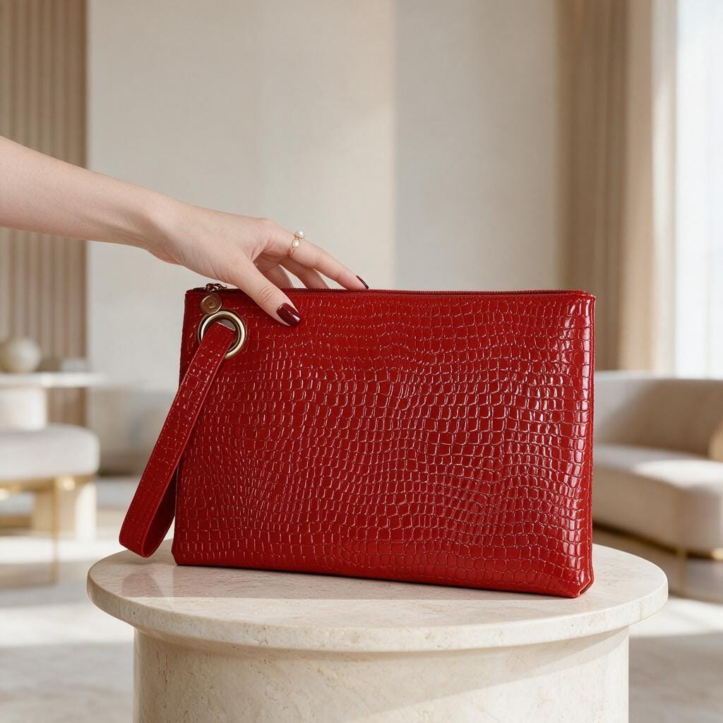 Red Crocodile Clutch Bag, Glossy Wristlet Purse, Embossed Red Evening Bag, Red Pouch Handbag, Statement Party Clutch