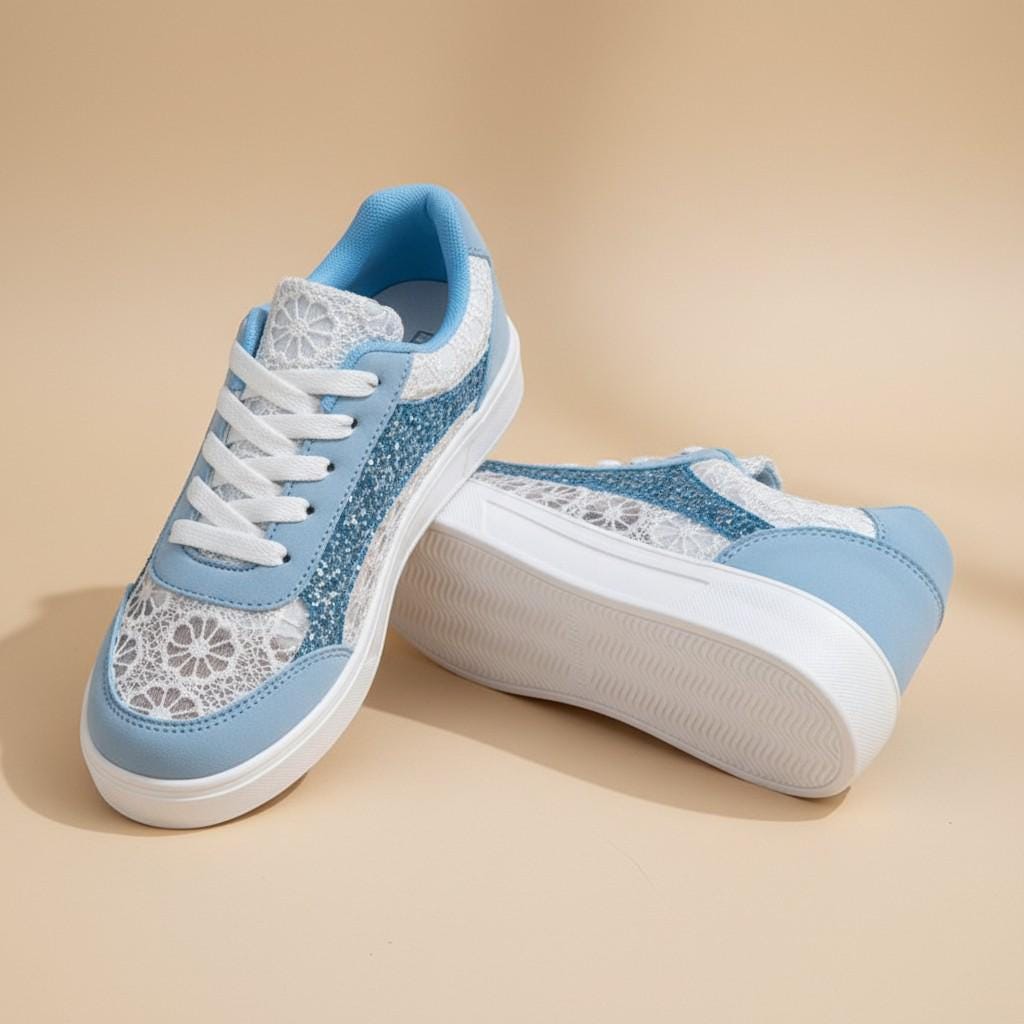 Blue Floral Sneakers for Women, Lace Detail Low Top Shoes, Light Blue Casual Footwear