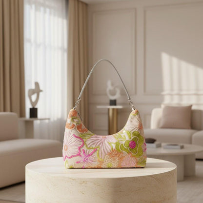 Embroidered Floral Shoulder Bag, Beaded Baguette Purse, Pastel Handbag, Colorful Summer Bag