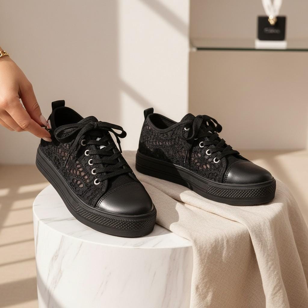 Black Lace Sneakers for Women, Chunky Platform Shoes, Lace Up Fashion Trainers