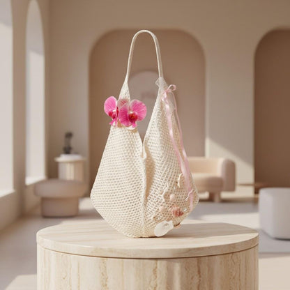 Crochet Beach Bag, Seashell Tote Bag, Coastal Summer Purse, Floral Mesh Shoulder Bag, Boho Vacation Bag, Shell Decor Bag