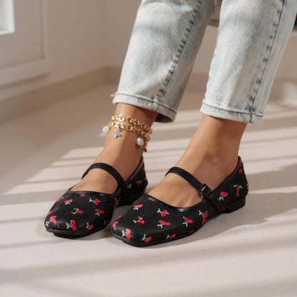Black Cherry Mary Jane Flats, Floral T Strap Ballet Shoes, Vintage Cherry Print Shoes