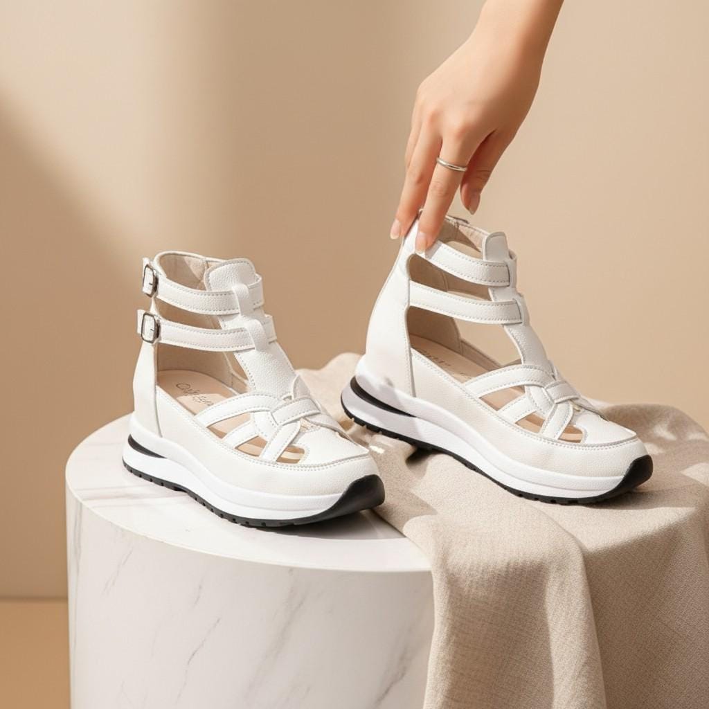 White Wedge Sneakers for Women, Strappy Platform Shoes, Buckle Detail Fashion Sneakers