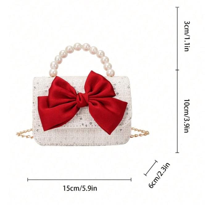 Pearl Handle Clutch, Red Bow Handbag, Ivory Evening Bag, Bridal Purse, Wedding Clutch, Chain Strap Party Bag