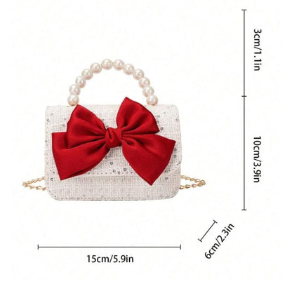 Pearl Handle Clutch, Red Bow Handbag, Ivory Evening Bag, Bridal Purse, Wedding Clutch, Chain Strap Party Bag