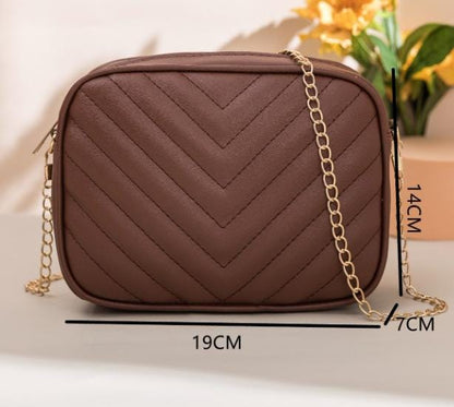 Brown Quilted Crossbody Bag, Chevron Shoulder Purse, Gold Chain Handbag, Small Brown Evening Bag, Elegant Women Bag
