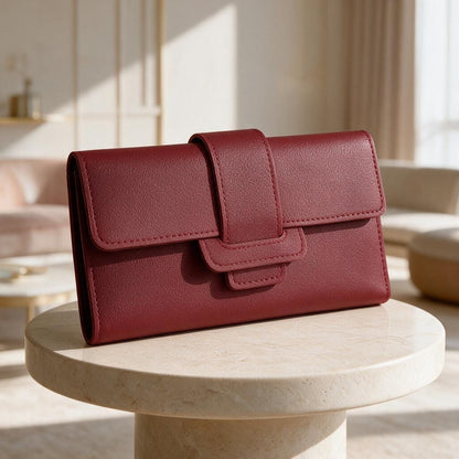 Burgundy Long Wallet, Womens Flap Wallet, Minimalist Red Purse