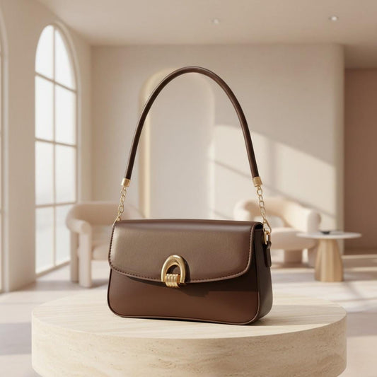 Brown Flap Shoulder Bag, Structured Handbag, Gold Clasp Purse, Top Handle Bag