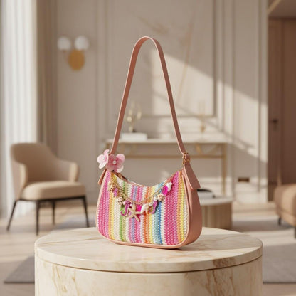 Rainbow Shoulder Bag, Colorful Woven Purse for Women, Seashell Summer Handbag, Boho Beach Bag