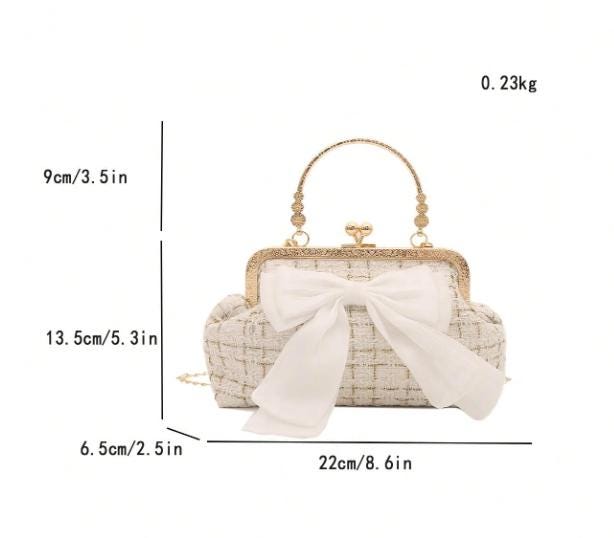 White Tweed Bow Handbag, Elegant Frame Purse with Chain Strap, Small Top Handle Bag, Bridal Evening Bag